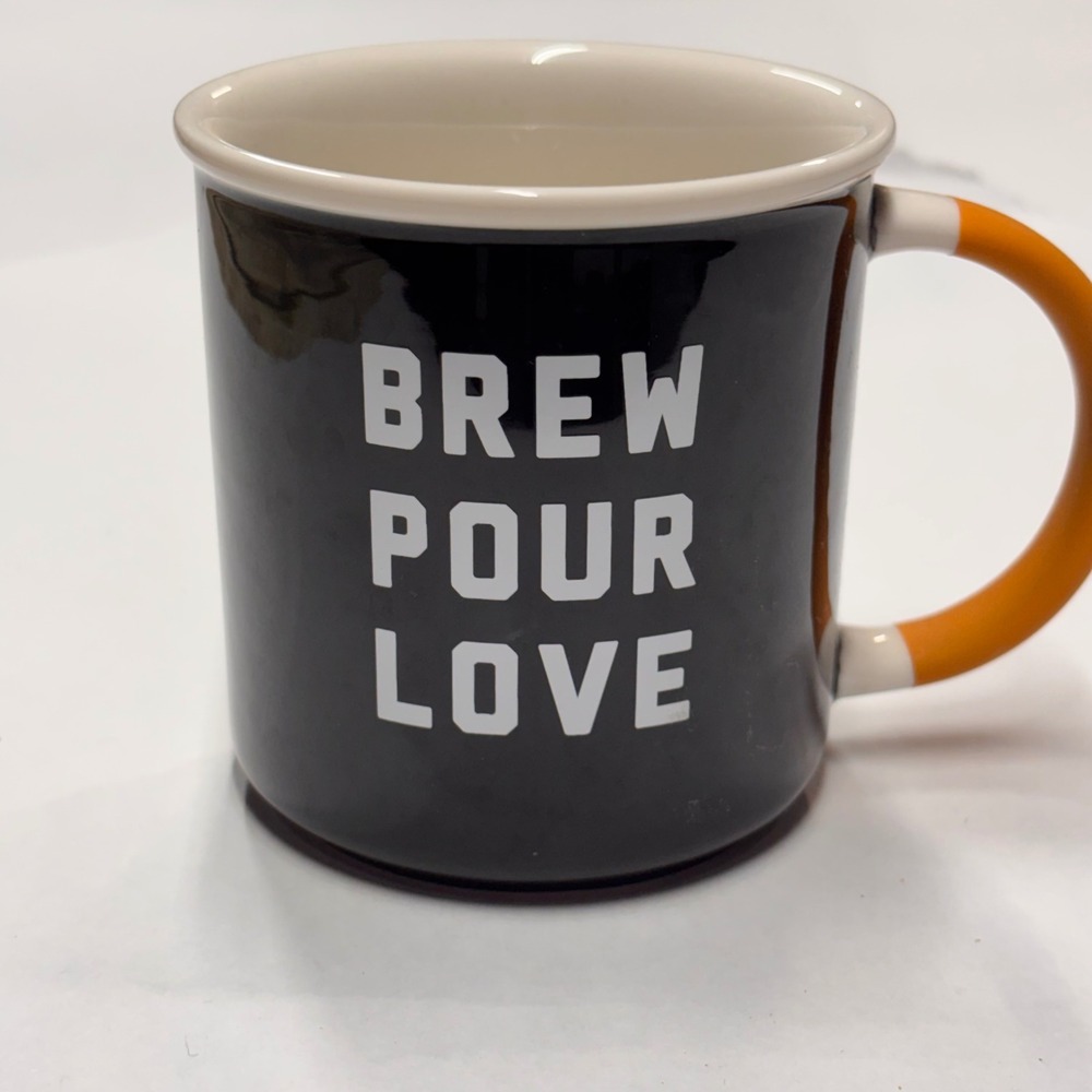 Starbucks 2018 Brew Pour Love Coffee Mug Black Orange Handle 12oz Ceramic Cup